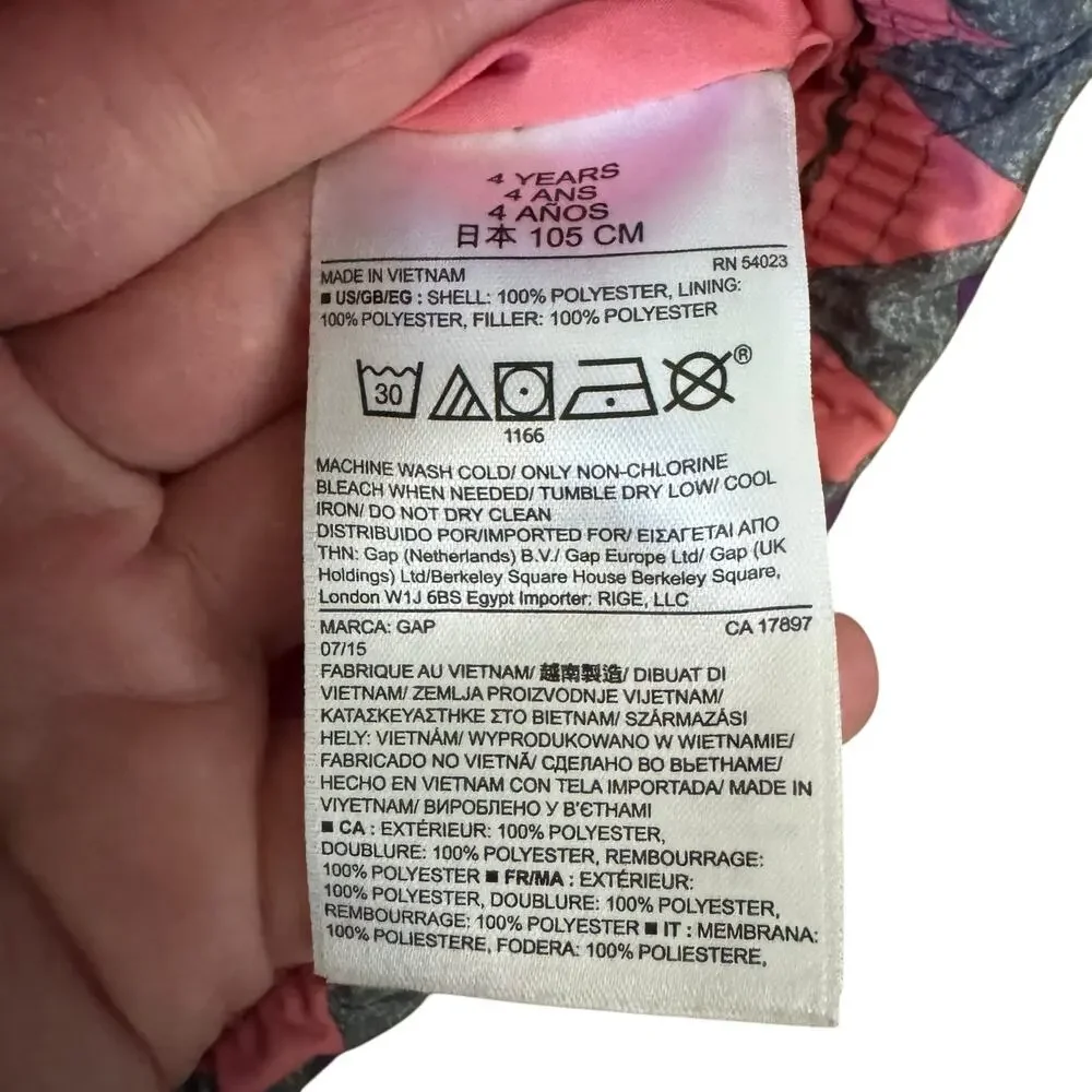 Baby GAP Quilted Puffer Vest Colorful Graphic Pattern Funnel Neck Full 4 Years